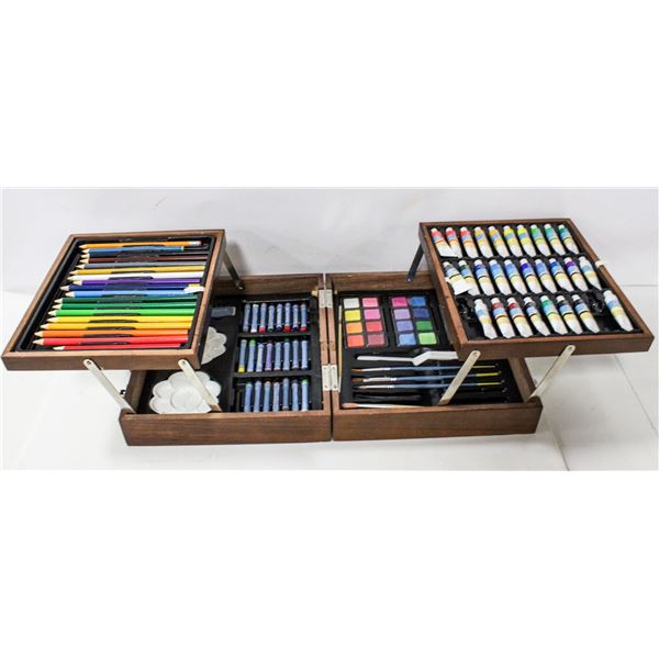 WOOD CASE OF ART SUPPLIES (WATER PAINTS, ACRYLIC,