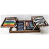 Image 1 : WOOD CASE OF ART SUPPLIES (WATER PAINTS, ACRYLIC,