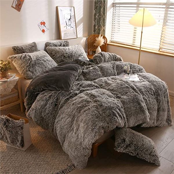 NEW PLUSH SHAGGY DUVET COVER TWIN SIZE - DARK GREY