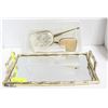 Image 1 : MIRRORED HANDLED TRAY + VANITY SET BRUSH, COMB,