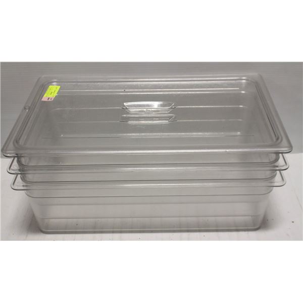 3 CAMBRO FULL SIZE 6" DEEP POLY CARB FOOD PANS W/