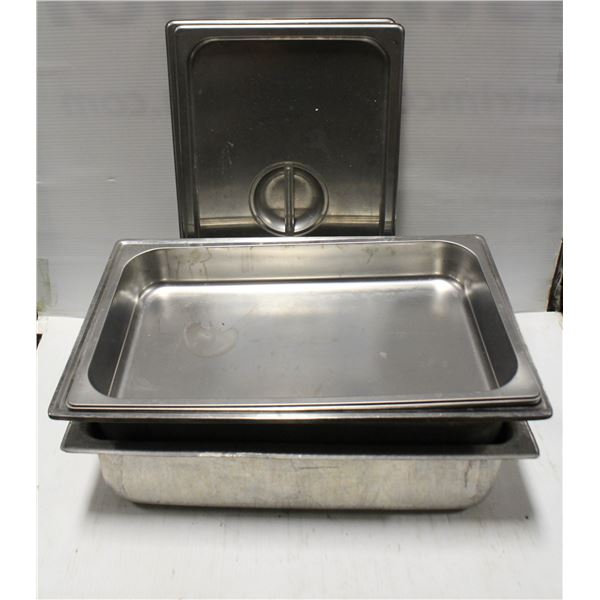 2 FULL SIZE STAINLESS STEEL WATER PANS W/ 2 FOOD