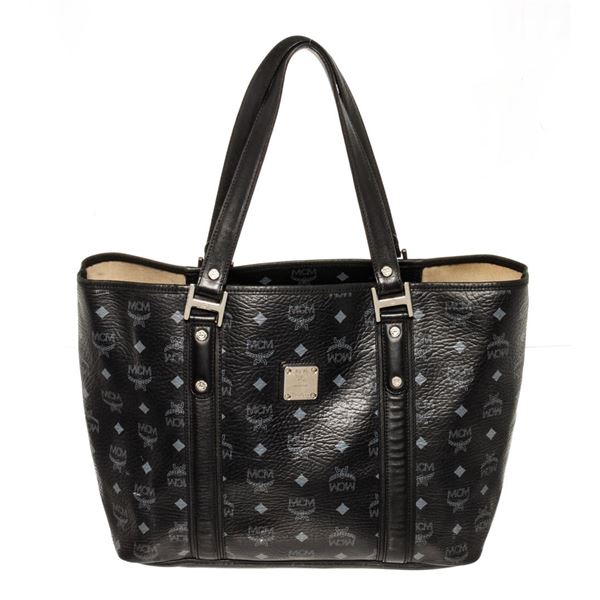 MCM Black Monogram Visetos Canvas Leather Tote Bag