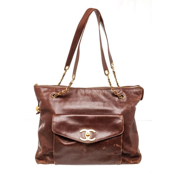 Chanel Brown Leather Large CC Chain Shoulder Bag
