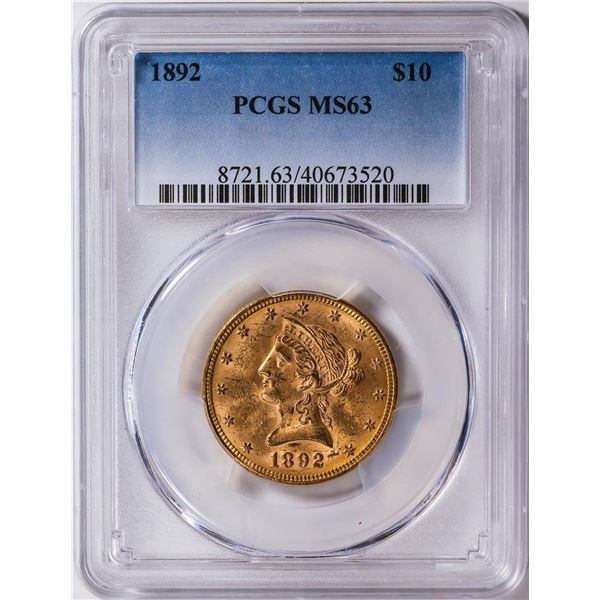 1892 $10 Liberty Head Eagle Gold Coin PCGS MS63