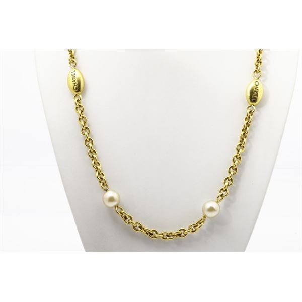 Chanel Gold-tone Metal Faux Pearl Engraving Charm Long Necklace