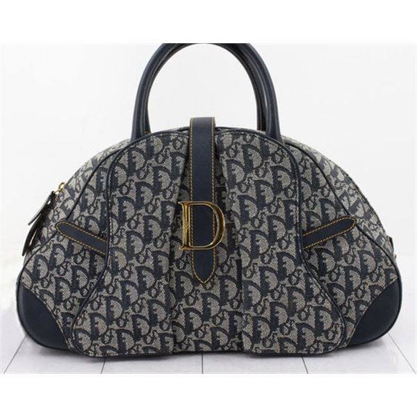 Christian Dior Navy Blue Diorissimo Canvas Saddle Medium Bowler Bag
