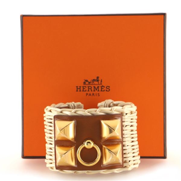 Hermes Brown Leather and Wicker Collier de Chien Bracelet