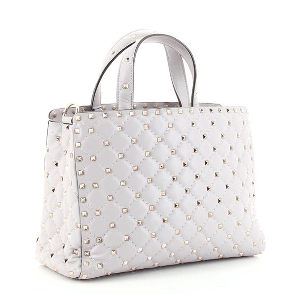 Valentino White Quilted Leather Rockstud Spike Top Handle Small Tote Bag