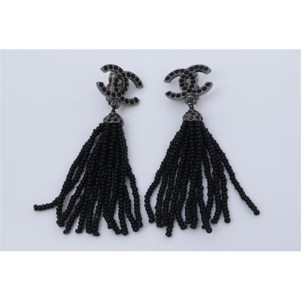 Chanel Black Tassels CC Crystal Earrings