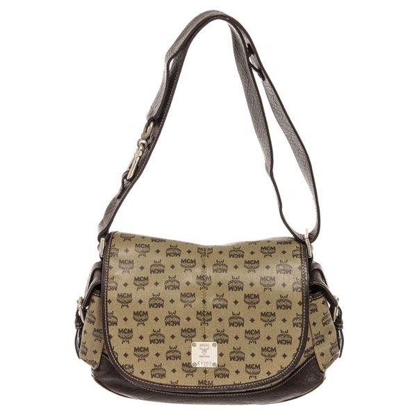 MCM Beige Monogram Visetos Canvas Leather Flap Shoulder Bag
