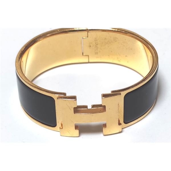 Hermes Black Metal Clic Clac Wide Bangle Bracelet GHW