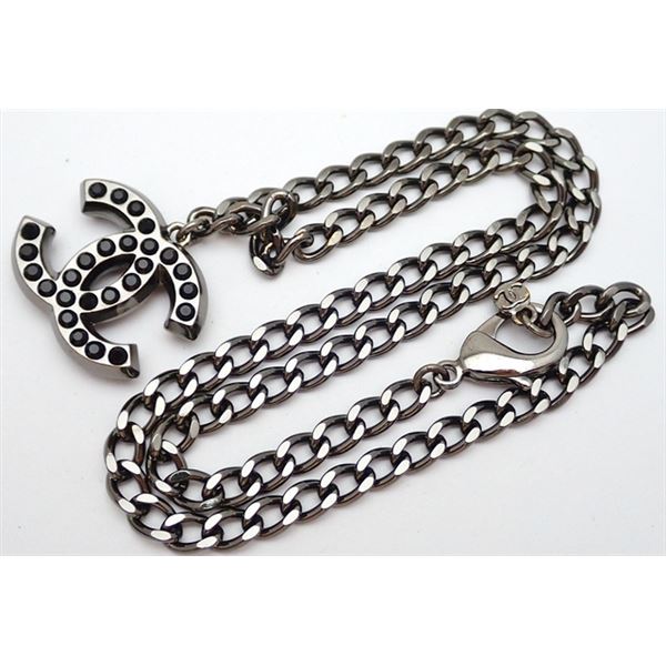 Chanel Dark Silver-tone Metal CC Coco Mark Rhinestone Necklace