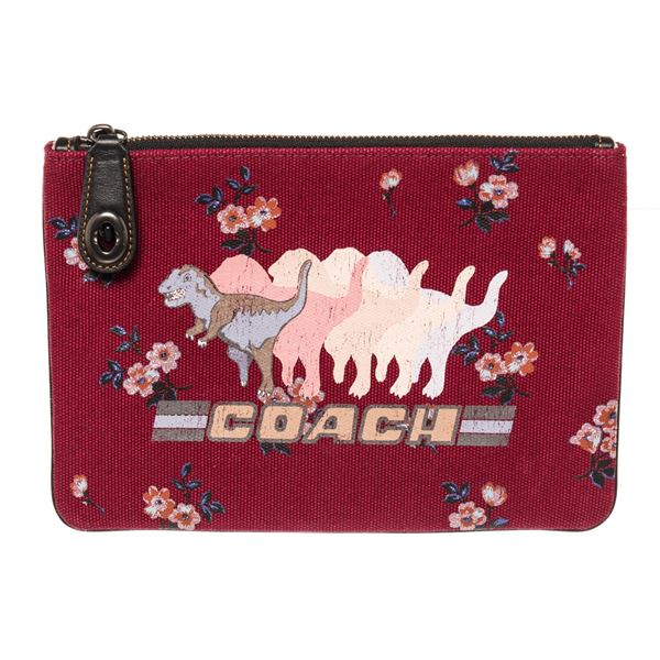 Coach Burgundy Canvas Printed Dinosaur Clutch