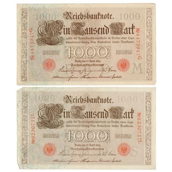 Germany P#44b Pair of 1910 1,000 Mark Notes