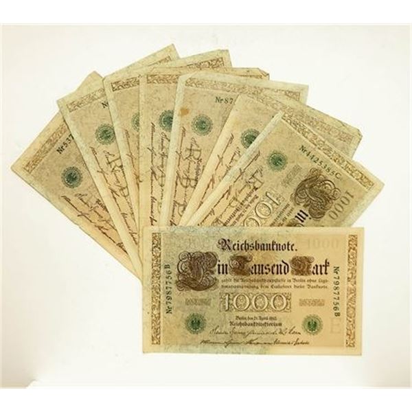 Germany P#45b Lot of 8 1910 1,000 Mark Notes