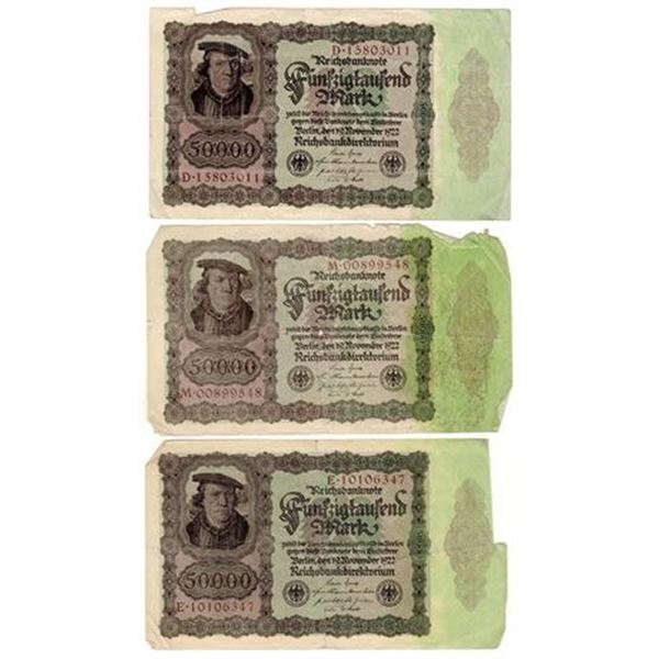 Germany P#79 Lot of 3 1922 50,000 Mark Notes