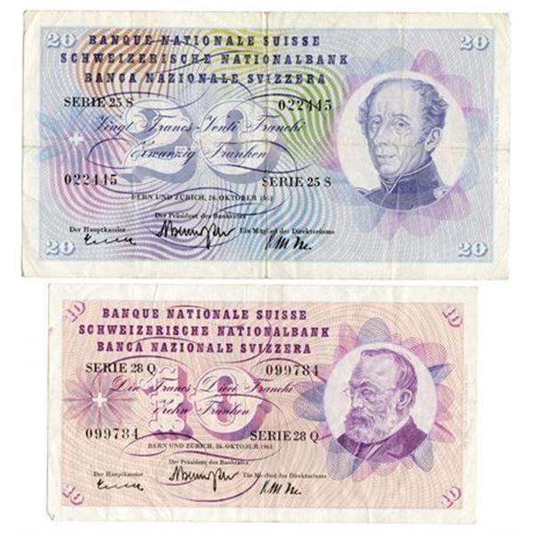 Switzerland 1961 10 & 20 Francs 2 Notes