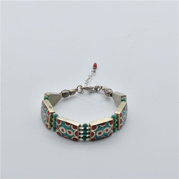 Tibetan Silver Turquoise and Coral Link Bracelet