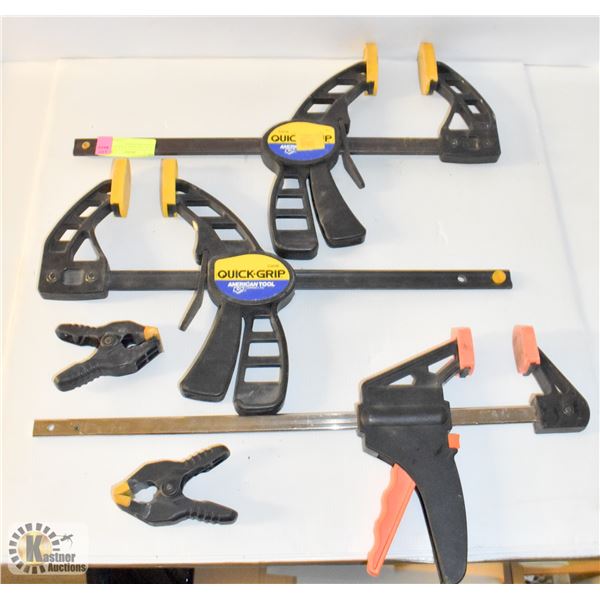 LOT OF 3 SEPARATE QUICK GRIP CLAMPS AND 2 SMALL