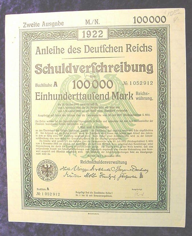 1922 German Bond for 100,000 Marks