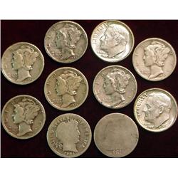 (10) Silver Dimes 1875-1959.
