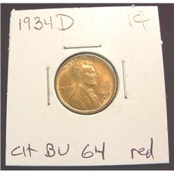 1934D Lincoln Cent. MS-64 Red.