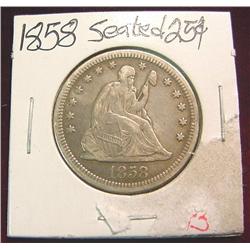 1858 Liberty Seated Quarter. VF.