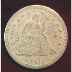 1878 Liberty Seated Quarter. G. Rev. Scratches.