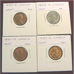 1935P"  43S " 47D & 47S Lincoln Cents. EF-Unc.