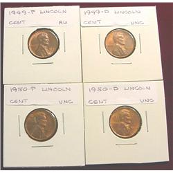 1949P"  49D " 50P & 50D Lincoln Cents. AU-Unc.