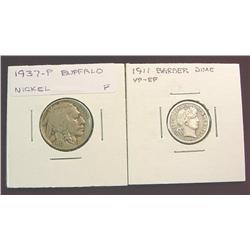 1937P Buffalo Nickel  F & 1911 Barber Dime VF.