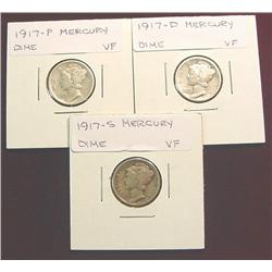 1917P, 17D & 17S Mercury Dimes. VF.