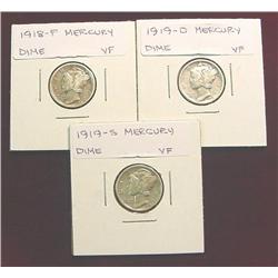 1918P, 19D & 19S Mercury Dimes. VF.
