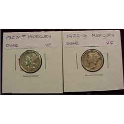 1923P & 24S Mercury Dimes. VF.
