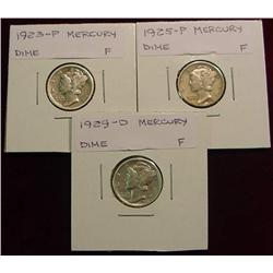 1923P, 25P & 29D Mercury Dimes. F.