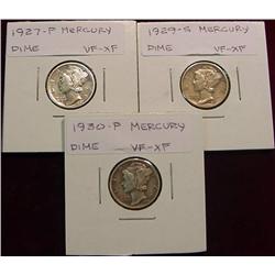 1927P, 29S & 30P Mercury Dimes. VF-EF.