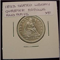 1853 Rays & Arrows Quarter. EF.