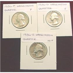 1936P, 36D & 36S Washington Quarters. VG-F.