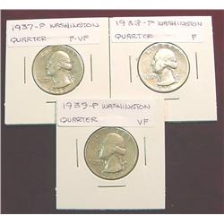 1937P, 38P & 39P Washington Quarters. F-VF.