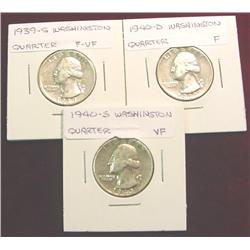 1939S, 40D & 40S Washington Quarters. F-VF.