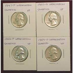 1947P"  47S " 54P & 54D Washington Quarters. VF.