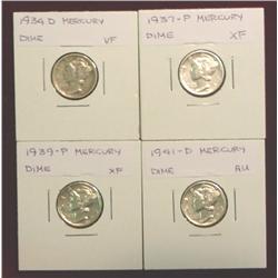 1934D"  37P " 39P & 41D Mercury Dimes. VF-AU.