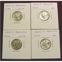 1941S"  42P " 43P & 43S Mercury Dimes. VF-AU.