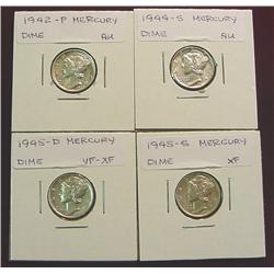 1942P"  44S " 45D & 45S Mercury Dimes. VF-AU.