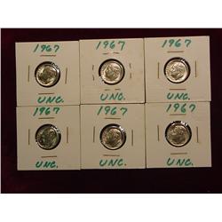 (6) Gem BU 1967 P Roosevelt Dimes in holders.