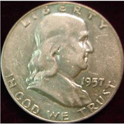 1957 D Franklin Half Dollar. AU-Unc.