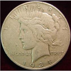 1934 S U.S. Peace Silver Dollar. VG-F.