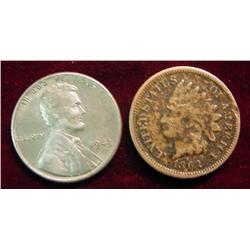 1862 Copper-nickel Indian Cent & 1943P Cent EF