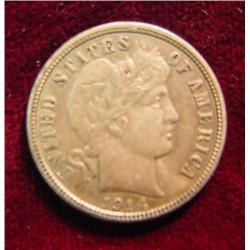 1914 D Barber Dime. Nice Toned AU.